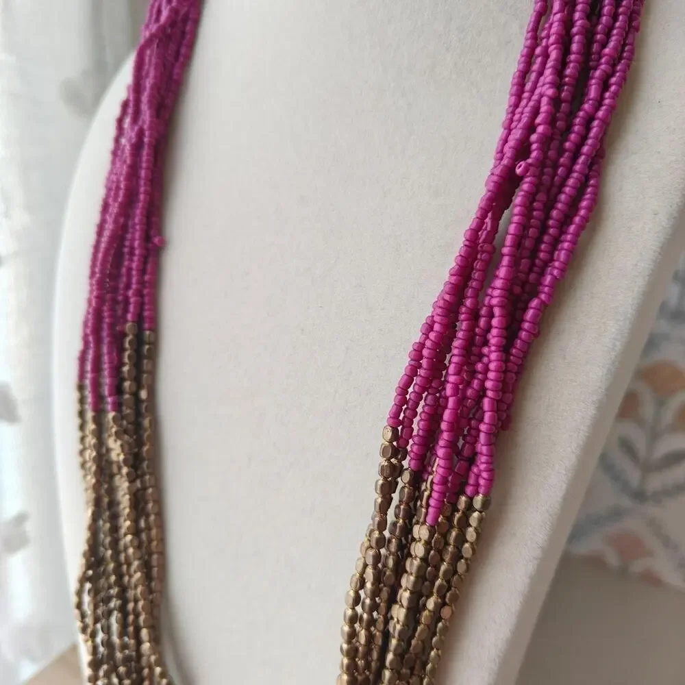 Boho fuschia and bronze two tone multi strand seed bead necklace